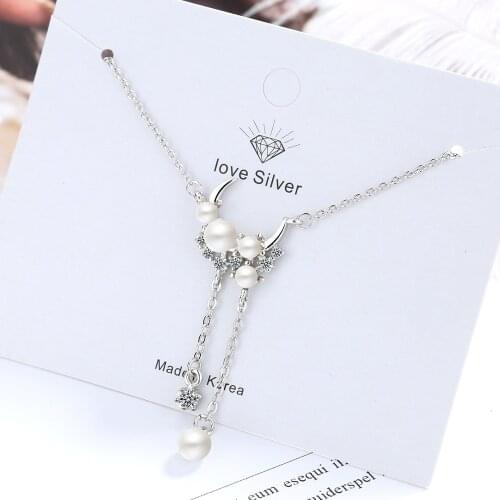 Fashion Female Clavicle Chain Silver color Stackable Moon Tassel Pearl Pendant Necklace Fashion Statement Jewelry Bijoux