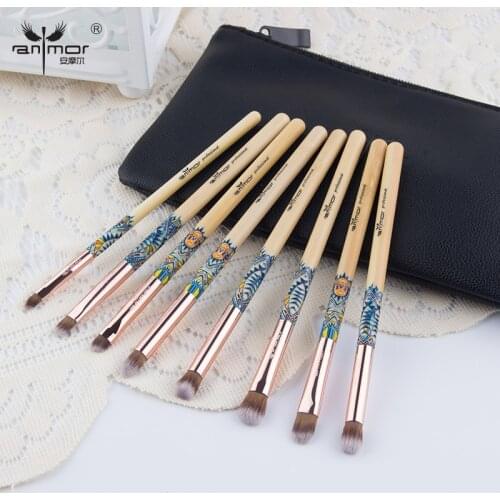 Anmor Sytnthetic Hair Eye Shadow Makeup Brushes Set 8pcs Bamboo Cosmetic Synthetic Hair Wood Handle Brush Make Up With Black Bag