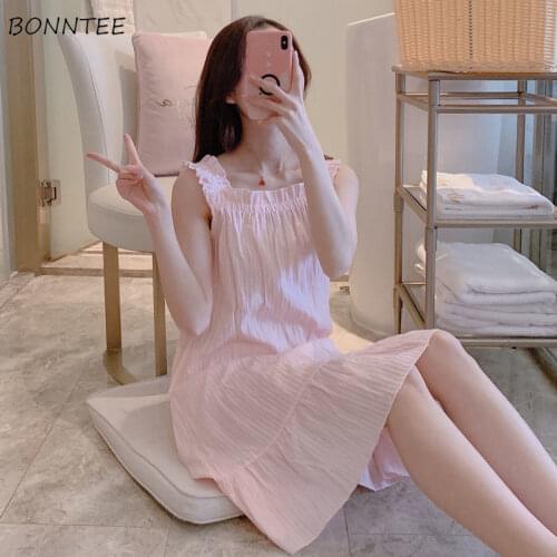 Nightgowns Women Solid Fashion Plus Size Kpop Summer Sweet Style Girlish Chic Nightwear Sleeveless Ruffles Casual Tender Ulzzang