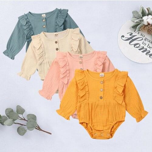 2020 New Spring Autumn Newborn Toddler Baby Girl Clothes Ruffle Bodysuit Soft Jumpsuit Outfit Solid Linen Sunsuit