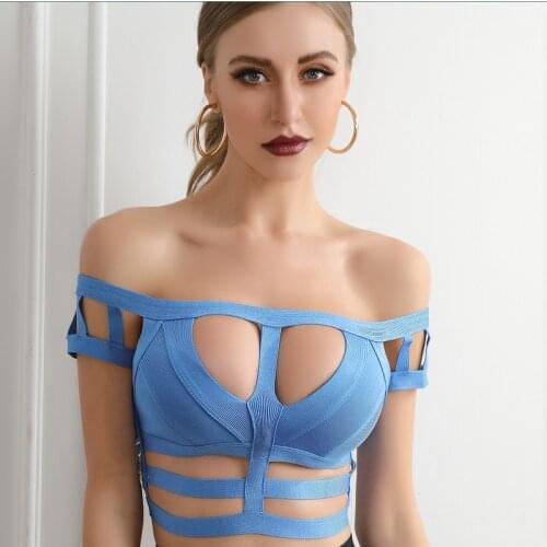 New Sexy Blue One-shouldered Hollow Out Bandage Top
