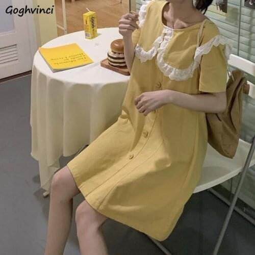Dress Women Knee-length Short Sleeve O-neck Lace Korean Sweet Style Kawaii Ladies Party Daily Loose Stylish Streetwear Popular