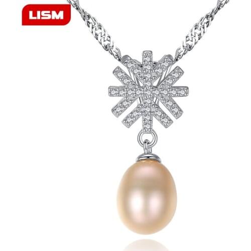 Freshwater Pearl Women Choker 925 Sterling Silver Necklace Female Crystal Cubic Zircon Snowflake Flower Necklaces & Pendants