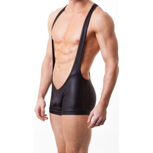 Sexy Lingerie Male One Piece Underwears Men Faux Leather Jumpsuit Mens Bodysuit Swimwear Brand Swimming Trunks