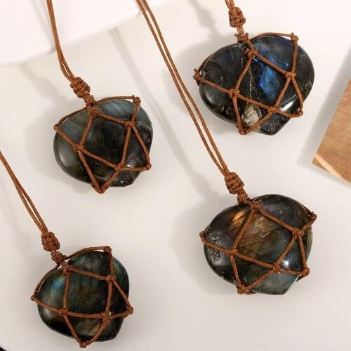 Heart Labradorite Necklace Natural Stone Pendant Wrap Braid Necklace Yoga macrame Necklace For Men Women Energy necklace