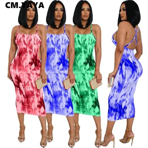 CM.YAYA Women Tie dye print Halter Neck Cross Open Back Sleeveless Bodycon Midi Dress for Sexy Night Party Beach Bandage Dresses