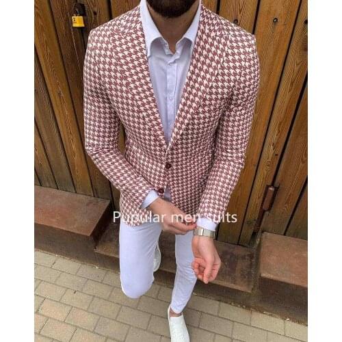 Houndstooth Fabric Men Suits For Wedding Groom Tuxedos Houndstooth Jacket White Pants Vest Latest Style Slim Fit 2 Pieces