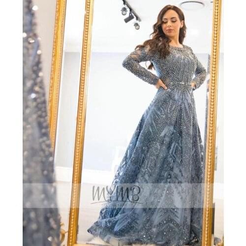 Gorgerous Dubai Blue Muslim Evening Gown Aline Lace Embrioderied Long Sleeve Elegant Hijab Evening Formal Wear Dresses VESTIDOS