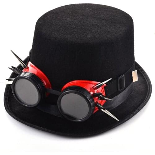 Vintage Women Men Black/Red Goggles Rivet Fedora Hat Steampunk Glasses Hats Cosplay Party Gothic Headwear Accessories