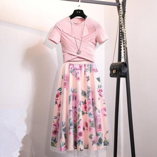 HIGH QUALITY Women Irregular T Shirt+Mesh Skirts Suits Bowknot Solid Tops Vintage Floral Skirt Sets Elegant Woman Two Piece Set