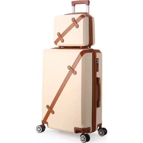 Women Retro Luggage with Cosmetic Bag 2PC Set Lady Lovely Travel bag vs creamy-white girls Trolley Suitcase Set 20/24/28 Inch