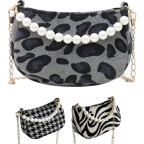 Pearl Chain Shoulder Crossbody Bag for Women Houndstooth Leopard Pattern Printing Cosmetic Tote Handbag