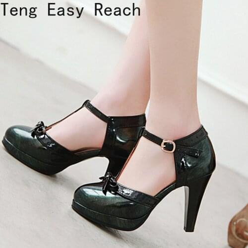2021 High Heels Women Pumps Patent Leather Bow Block High Heel T-Strap Shoes Buckle Round Toe Party Shoes Lady Black Size 32-43