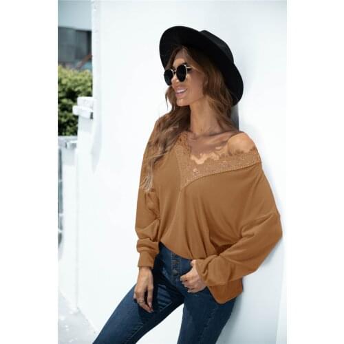 Womens Top Spring Autumn Solid Color T-Shirts Patchwork Lace V-Neck Long Sleeve T Shirts Woman Clothing Ropa Mujer Kawaii Tops