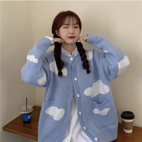 Fashion Jacquard Clouds Womens Cardigan Autumn Winter Thick O-Neck Loose Knit Sweater Outwear Harajuku Casual Knitwear Female