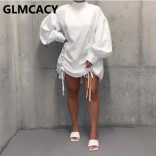 Women O-neck Puff Sleeve Drapped Mini Dress Loose Style Plus Size Dress