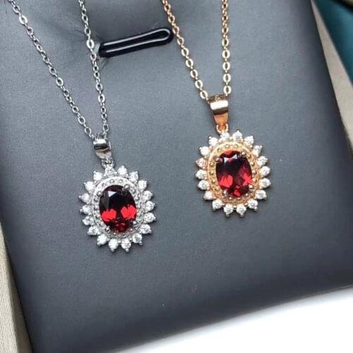 Engagement Wedding Jewelry 925 Sterling Silver 6x8mm Oval Cut Natural Garnet Brilliant Pendants Necklace For Women Gift