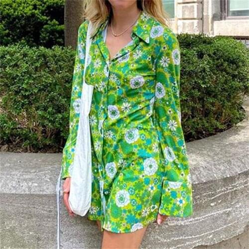 Thorn Tree Y2K Shirt Dress Summer Flower Print Turn-Down Collar Long Sleeve Female Buttons Up Harajuku Short Dresses Streetwear