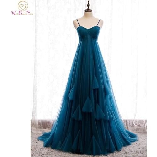 Navy Blue Evening Dresses Empire Waist Pregnant Tulle Sweetheart Spaghetti Strap Pleats Zipper Sweep Train Women Party Prom Gown