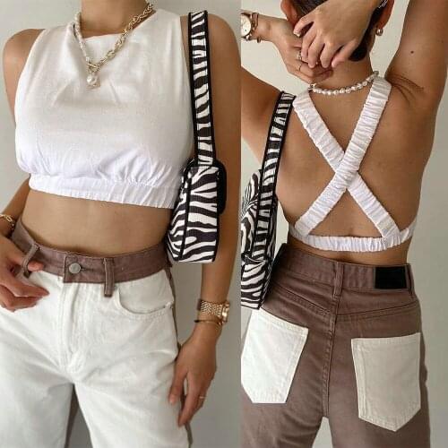 2021 Tank Tops Sexy Backless Cross Crop Vest Solid Harajuku Korean Female Off Shoulder White Summer Women Tops