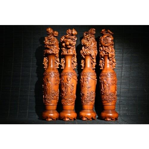 8" China Lucky Old Boxwood Handmade statue Mei Ju Lan Zhu Four beauties Pattern vase set representative four Seasons Ornaments
