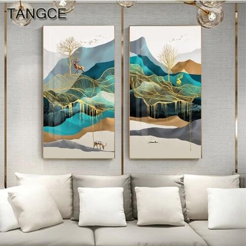 Abstract golden tree and deer Big Poster Print Modern Canvas Painting Nordic Style Luxury Wall Art Decoration Picture Home Decor