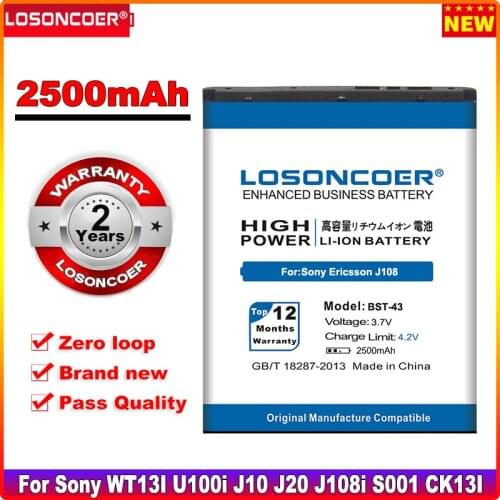 LOSONCOER 2500mAh BST-43 BST43 For Sony Ericsson WT13I U100i J10 J20 J108i S001 CK13I Battery