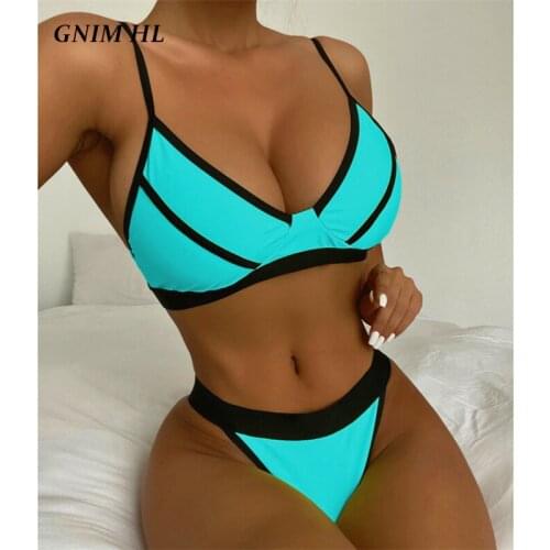 GNIM Sexy Stitching Color Swimwear Women 2 Pieces Set High Cut Bikini Mujer 2021 Summer Beachwear Sport Swimsuit Female Biquini