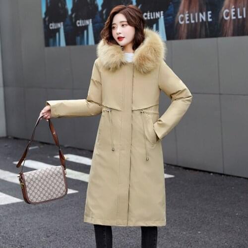 Nice Long Style Winter Soild Parkas for Woman Casual Wool Liner Female Coats Hooded Fur Plus Size Ladies Jacket with Two Pockets