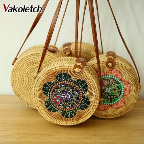 Round Beach Bag Girls Circle Rattan bag Small Bohemian Flower Shoulder bag Bali Vintage Handmade Crossbody Leather Bag KL609