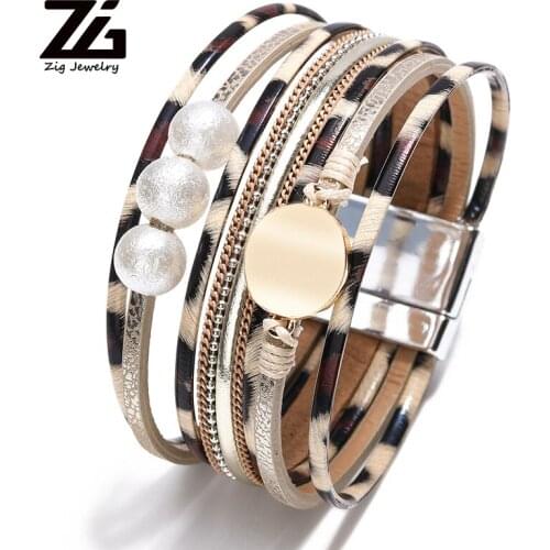 Leopard leather ladies bracelet three pearls multi-layer wrapped charm magnetic clasp bracelet fashion jewelry wholesale