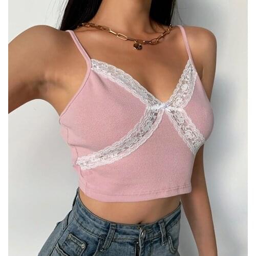 Summer Women Sexy V-neck Camisole Ladies Lace Splicing Solid Backless Midriff-baring Crop Lace Top Skinny Camis Home Wear