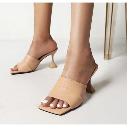 Summer 2021 New Womans Pleated High Heel Slippers Open Toe Outdoor Sandals Strange Style Fashion Sexy Solid Color Plus Size 48