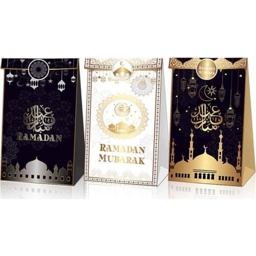 12Pcs Eid Mubarak Candy Bags Paper Gift Bag With 18Pcs Stickers Ramadan Decoration Islamic Muslim Al-Fitr Eid Party Supplies