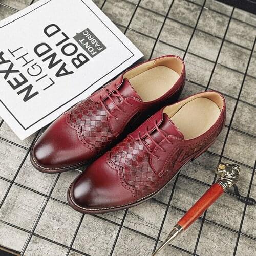 Mens Shoes Black Official Social High Quality Waterproof Spring and Autumn British Style Braided Pointed Brock Leather Shoes