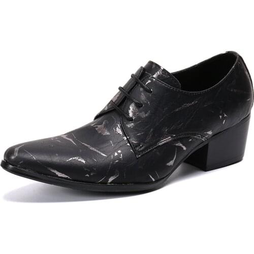 High Quality Men Dress Wedding Shoes Print Glossy Leather 7cm High Heels Fashion Pointed Toe Heighten Oxford Shoes Party Prom