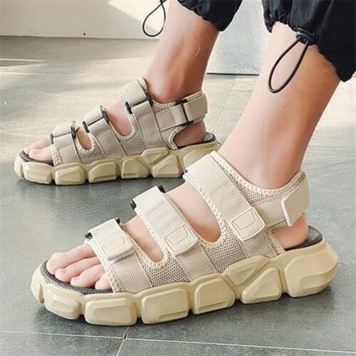 2021 Summer Beach Men Comfortable Flat Shoes Men Open Toe Velcro Sandals Solid Color Thick Bottom Wear-Resisting Large 43 44