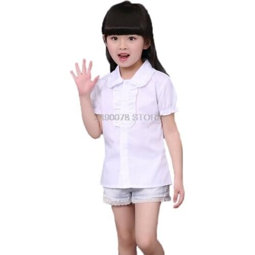Girls Formal Dress Blouse Shirt Brand Fashion Short Sleeve White Shirt for School Girls Children Performance Clothing Blouse