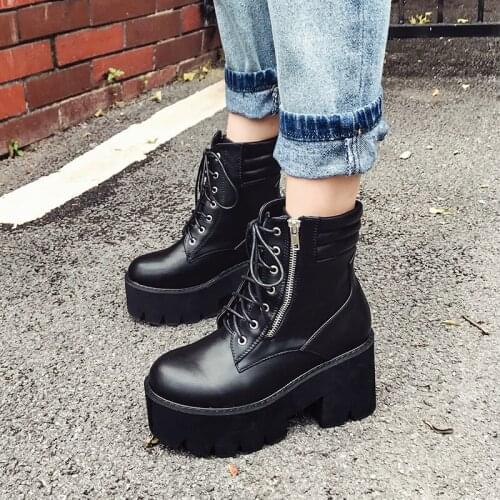 Autumn Ankle Boots 2021 For Women Motorcycle Boots Chunky Heels Casual Lacing Round Toe Platform Boots Shoes Female