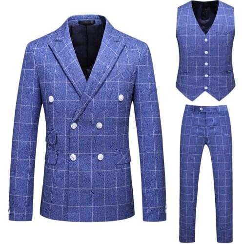Jacket+Pants+vest) Multicolor double-breasted suit male British business slim three-piece suit 2021