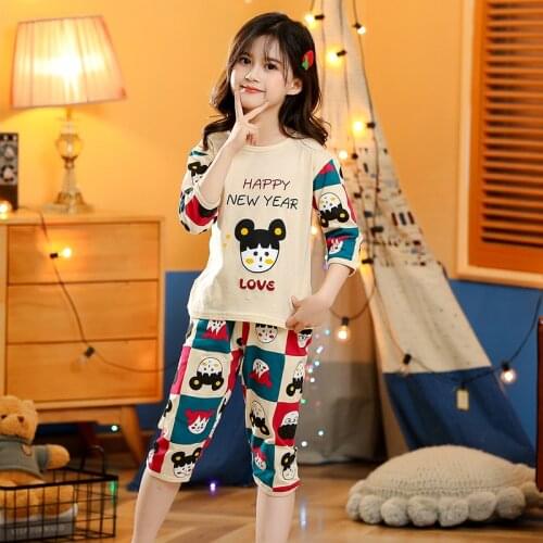 Boys Girls Pajama Sets Short-sleeves Summer Cotton Set Sleepwear Children Happy New Year Pajamas Cartoon Pyjamas for Kids