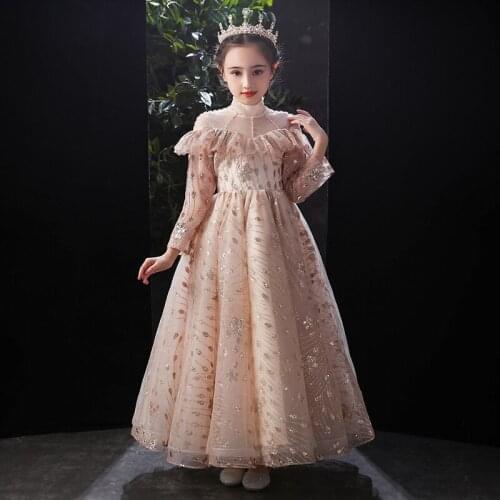 Flower Girl Dress Illusion Sequined Pearls Beading Luxury Dark Khaki Princess Floor-Length Tulle Lace Full Kids Party Gown H258