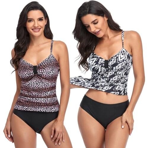 Plus Size Leopard Print Push Up Tankini Set Bikinis Women Spaghetti Strap Two Piece Swimsuit Swimwear Bathing Suit Beachwear 2XL