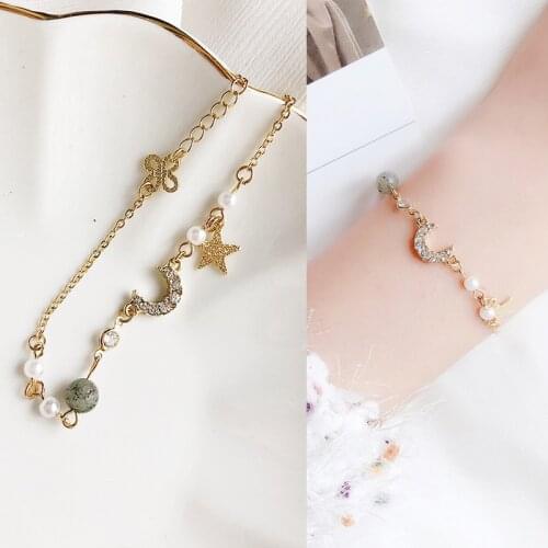 Romantic Rhinestone Inlaid Moon Star Pearl Bead Bowknot Bracelet Bangle Wrist Jewelry Bracelets for Women Girls Gift Wholesale