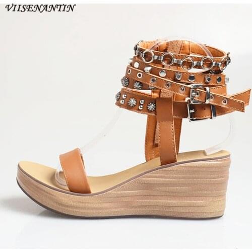 New Roman Sandals Round Toe Wedge Leather Belt Buckle Rivet Metal Decoration Foot Wrap High Heel Casual Open-toe Sandals