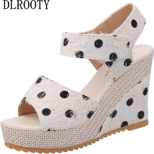 Women Sandals Summer Fashion Polka Dot Lace Hollow Gladiator Wedges Shoes Woman Slides Peep Toe Hook & Loop Solid Lady Casual