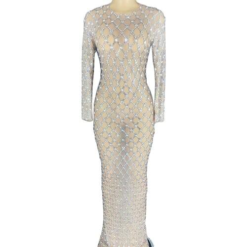 Mesh Costume Perspective Dance Wear Rhinestones Plaid Dress Floor-Length Split Fork Dresses Nightclub Dance Show Wear Lady