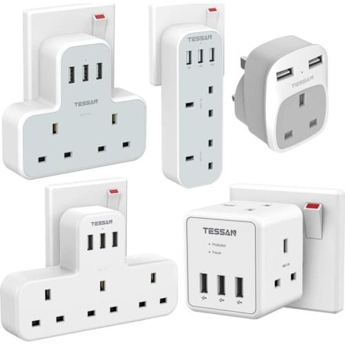 TESSAN 5 Ways Power Strip with 3 USB Ports and 2 Sockets UK Standard Adapter Charger Portable Wall Adaptor for Home Office
