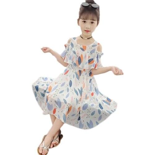 Girls Chiffon Dress Elsa Style Summer Princess Beach Party Dresses for Girls 4-14 Years Children Clothing Leaves Print Vestido