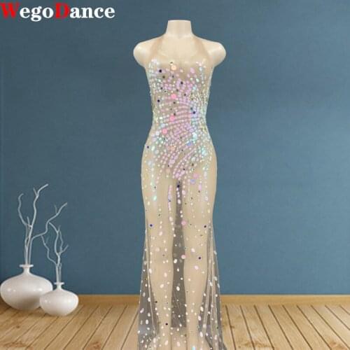 Rhinestone Sequin Mesh Perspective Long Dress Women Birthday Party Sexy See Through Singer Evening Gown